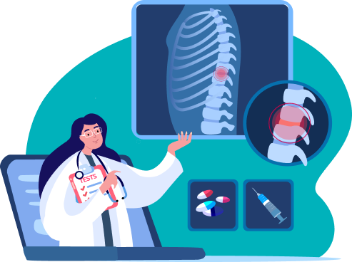 Ilustração de uma médica explicando sobre dor na coluna vertebral, com imagens de radiografia e opções de tratamento.