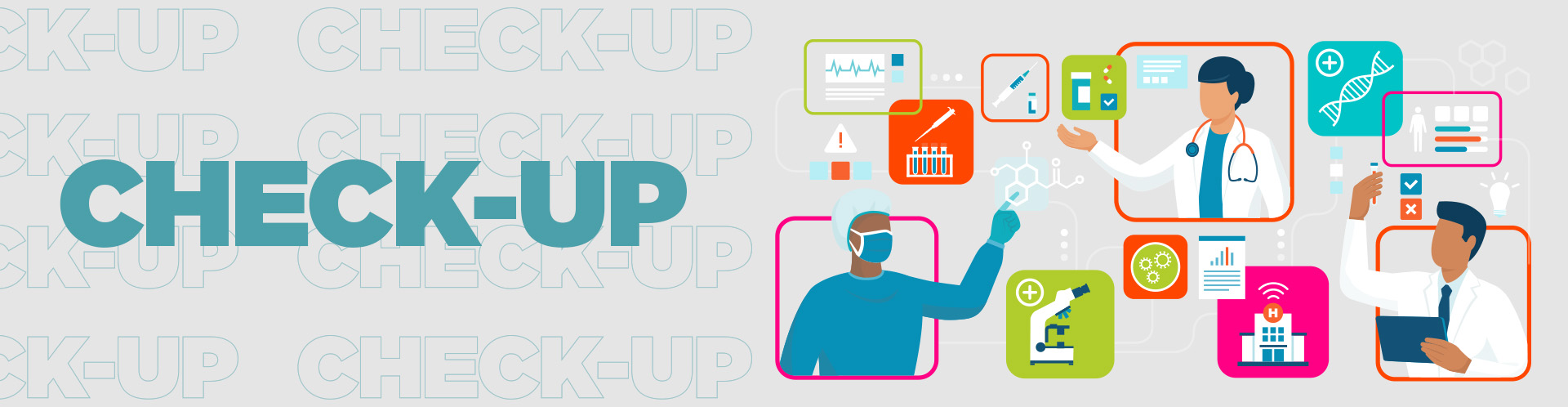 Banner ilustrativo de check-up médico com profissionais de saúde e ícones médicos.