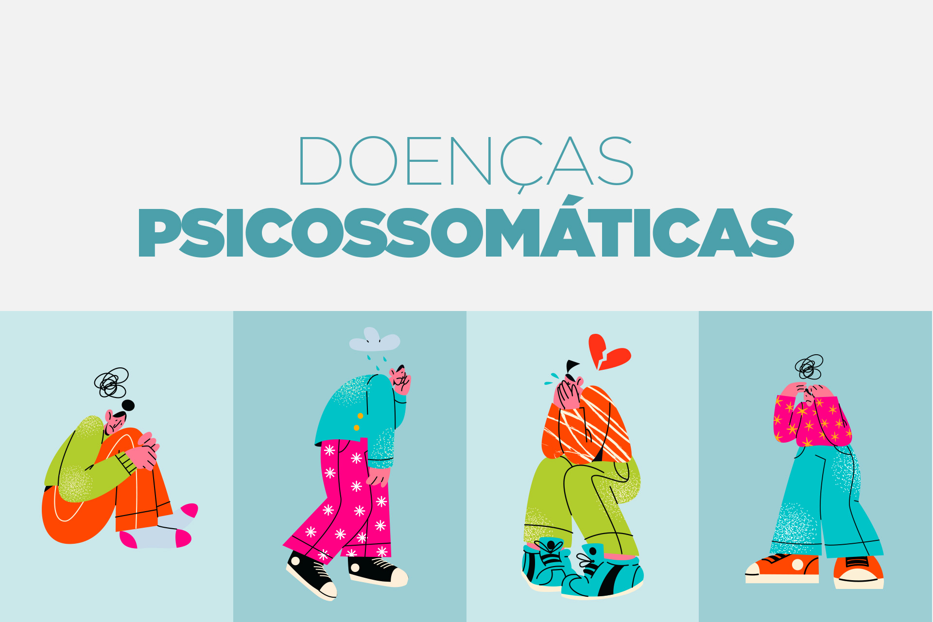 Banner ilustrativo sobre doenças psicossomáticas com personagens expressando emoções como tristeza e ansiedade