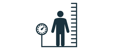 Ilustração que representa o cálculo do índice de massa corporal (IMC) indicando categorias como peso ideal, obesidade e baixo peso. O IMC que é calculado dividindo o peso da pessoa em quilogramas pelo quadrado de sua altura em metros (kg/m²).