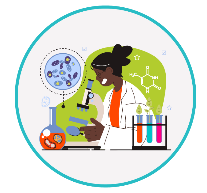 Cientista trabalhando em um laboratório com tubos de ensaio e um microscópio.