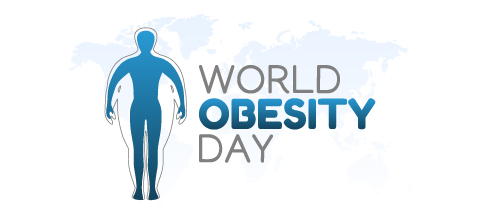 Logotipo do World Obesity Day, com a silhueta de um corpo humano azul destacada sobre um fundo com contorno de mapa-múndi.