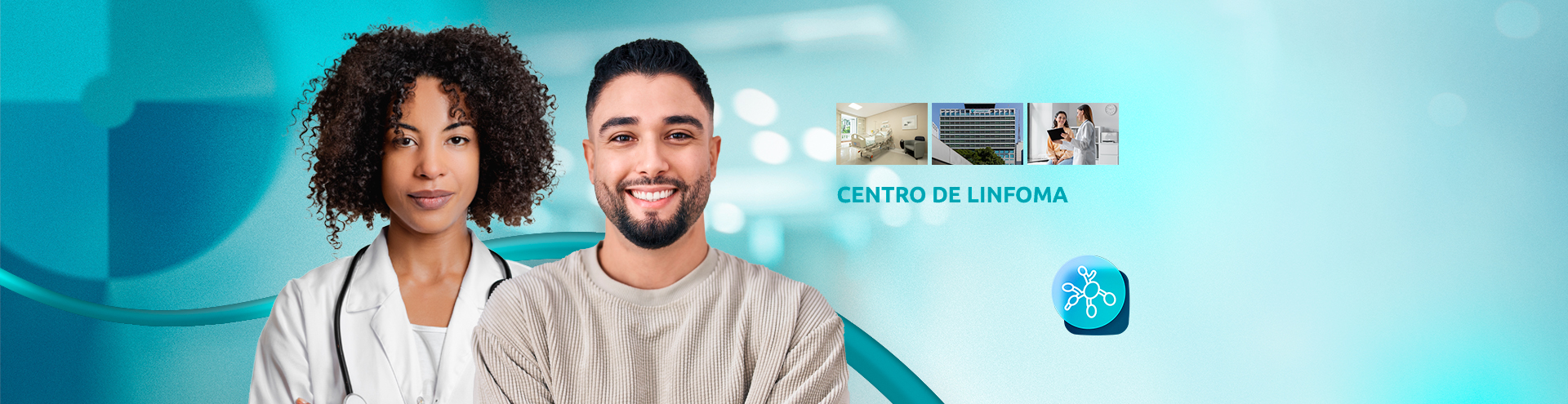 Banner do Centro de Linfoma com médico e paciente, destacando atendimento especializado e estrutura moderna.